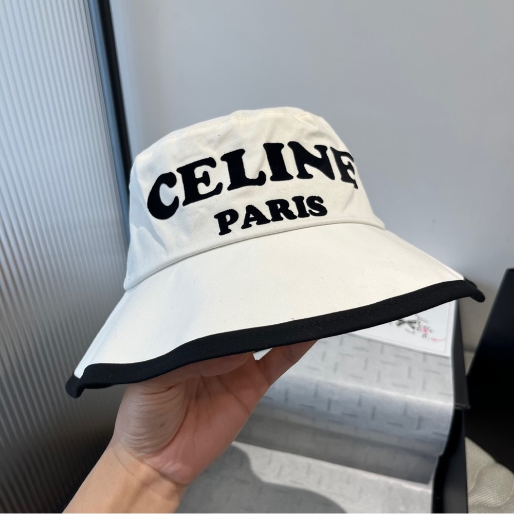 CELINE White "CELINE PARIS" Cotton Bucket Hat OS
